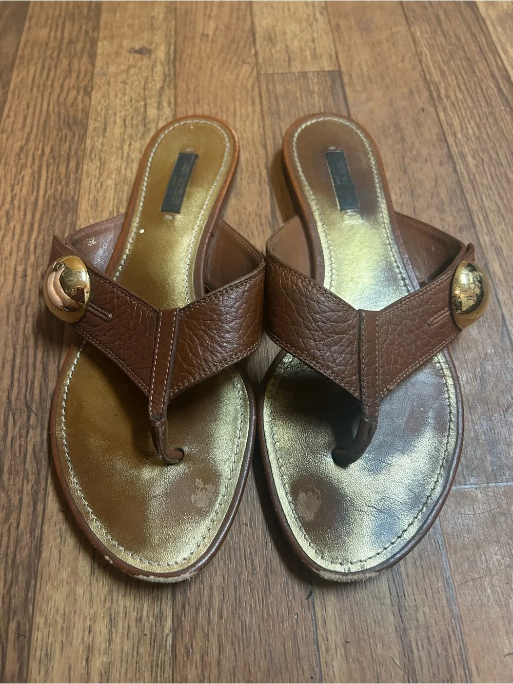 Louis Vuitton Brown Leather Thong Sandals with Gold Accent